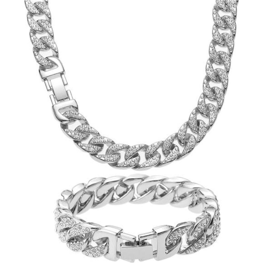 Iced Out Necklace Bracelet Set Cuban Chain Silver Gold Tennis Chain Jewelry